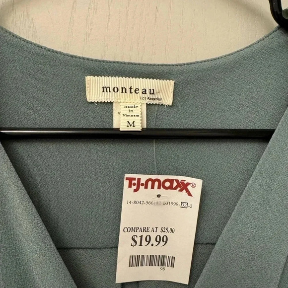 Sage Green Monteau V Neck Belted Dress with Slit and Quarter Length Sleeves NWT - Picture 7 of 7